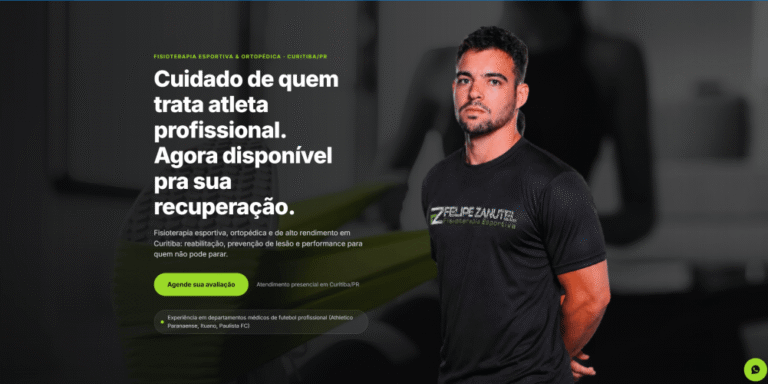 Hero of the Felipe Zanutel website with the headline "Care from someone who treats professional athletes" next to a portrait of the physiotherapist.