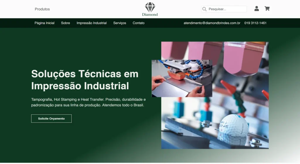 Industrial printing page header with the headline "Technical solutions in industrial printing" and a pad printing machine