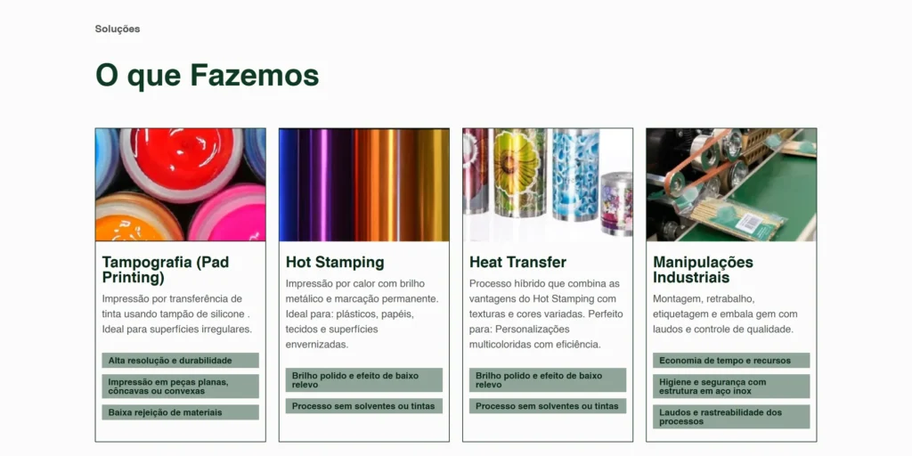 The four industrial services: pad printing, hot stamping, heat transfer and industrial handling