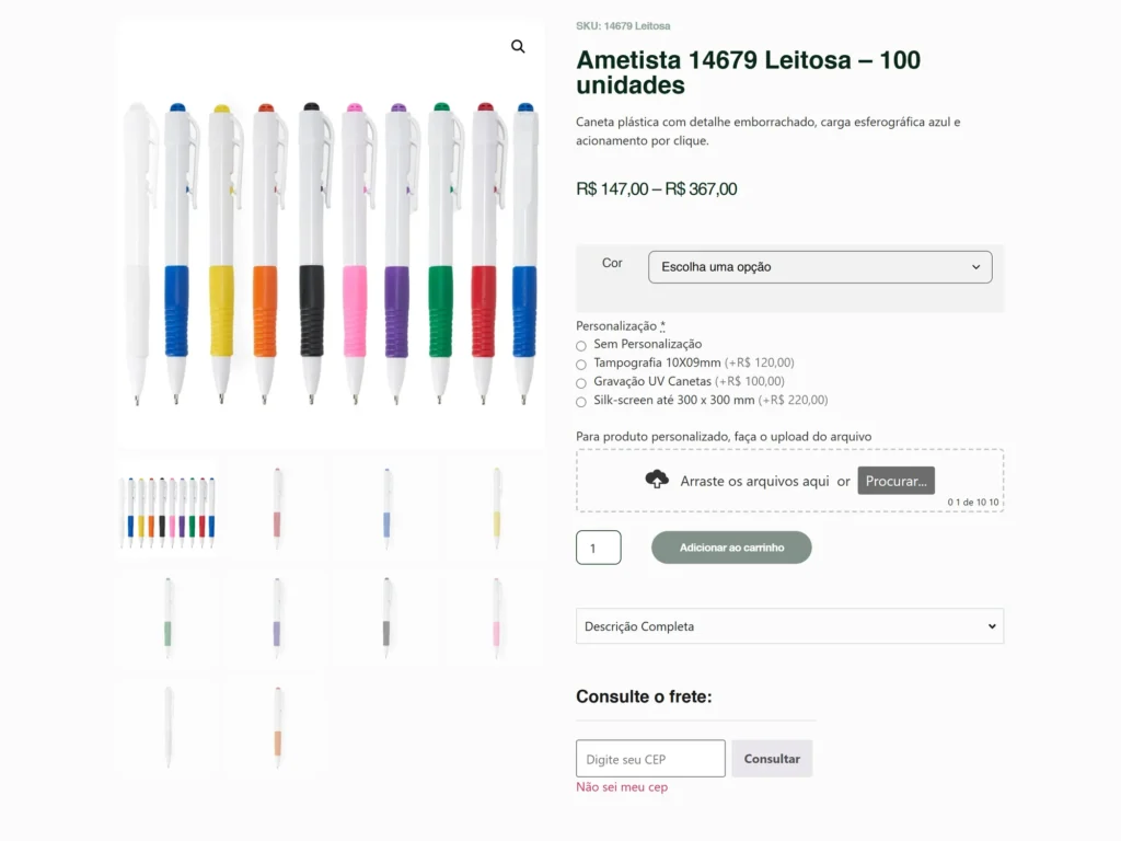 Product page with color choice, printing options with prices, a file upload for the artwork and a shipping calculator