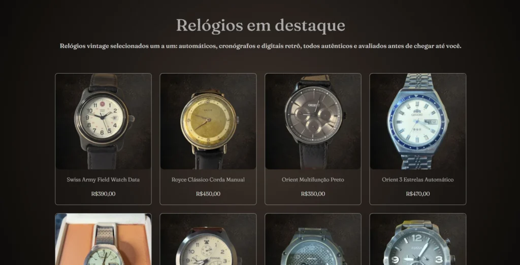 Featured watches grid on the Ponteiro Reverso home page, with brand, model and price