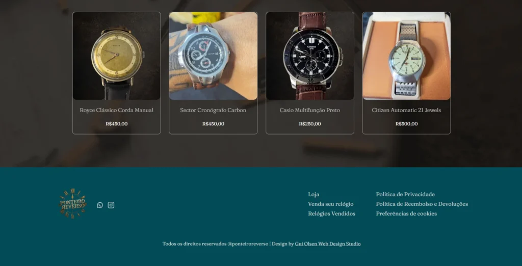 More watches in the catalog and the site footer with links and social icons