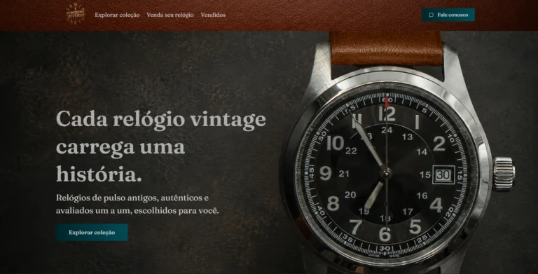 Hero of the Ponteiro Reverso website with the headline "Every vintage watch carries a story" next to a watch dial.
